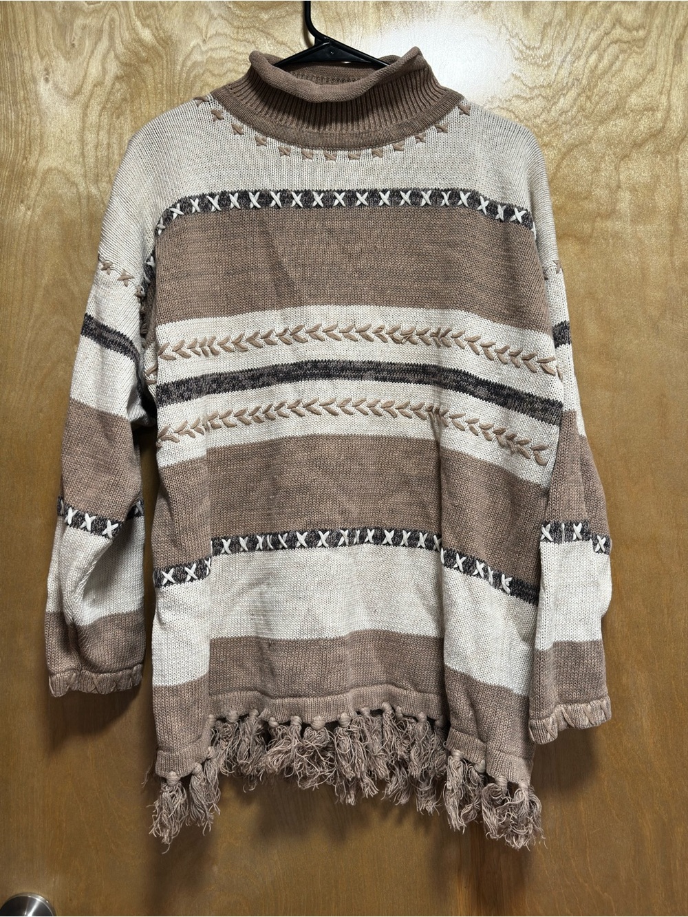 Striped Fringe Turtleneck Sweater in Taupe and Cream